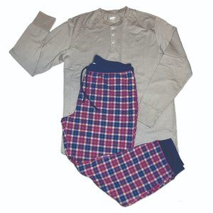 Lands' End Henley Pajama Set - Gray top, plaid bottom - Size Large (42-44)